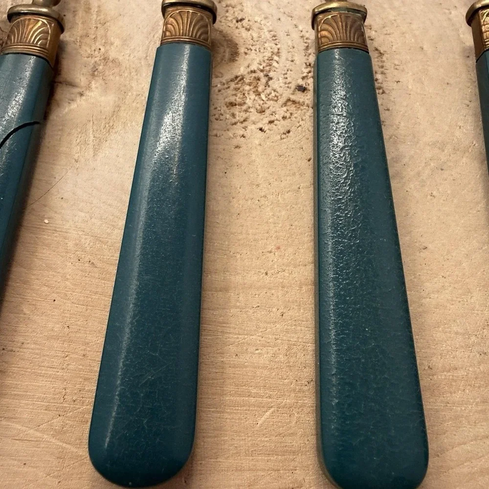 Vtg Brass Dessert/Fruit/Fish Forks Bakelite Handles Turquoise/Blue‎ With Cases